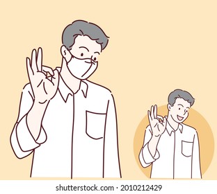Young man is wearing face mask and showing OK sign, smiling and confident. Hand drawn in thin line style, vector illustration. (A Mask can be removable)