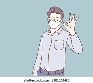 Young man is wearing face mask and showing OK sign, smiling and confident. Hand drawn in thin line style, vector illustration. (A Mask can be removable)