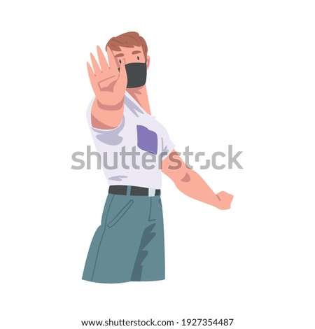 Young Man Wearing Face Mask Showing Stop Virus Sign with His Hand Vector Illustration