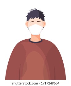 Young man wearing face medical mask standing at white background. Viral pandemic. Coronavirus 2019-ncov flu. Respiratory protection from virus pandemia. Quarantine and self-isolation. Flat vector