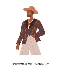 Joven usando ropa de moda, sombrero. Un tipo elegante con ropa de moda, ropa moderna y accesorios. Feliz hombre sonriente con pendientes, cuentas. Ilustración vectorial plana aislada en fondo blanco