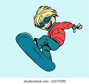 A young man wearing a fashionable winter sporting costume and sunglasses is riding on a snowboard