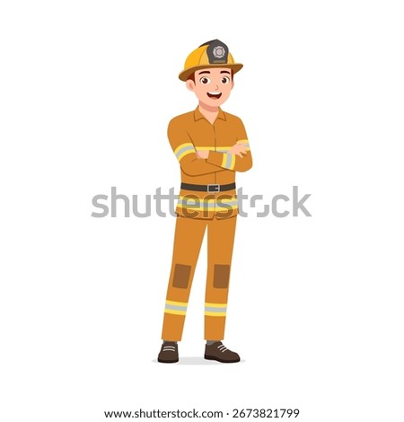 A young man wearing firefighter uniform crossing arm smiling showing confidence and positive mood
