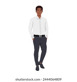 Young Man wearing formal shirt standing Pose with both his hands inside pocket. Flat vector illustration isolated on white background