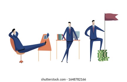 Young Man Wearing Formal Suit Sitting with His Legs on the Table and Standing Near Pile of Money Vector Set