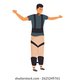 Young man wearing a futuristic exoskeleton balancing with open arms, enjoying the experience of enhanced mobility