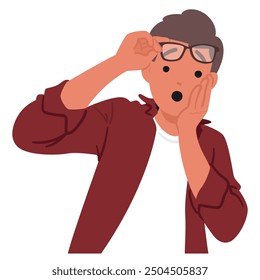 Joven Con Gafas Con Una Expresión De Sorpresa. El Personaje Masculino De Dibujos Animados Sostiene Gafas Mientras La Boca Está Abierta En Shock. Ilustración vectorial Que Transmite Una Sensación De Asombro O Incredulidad