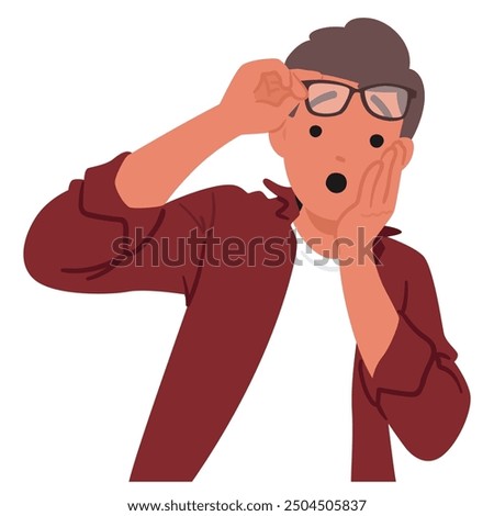 Young Man Wearing Glasses With An Expression Of Surprise. Cartoon Male Character Is Holding Eyeglasses While Mouth Is Open In Shock. Vector Illustration Conveying A Sense Of Astonishment Or Disbelief