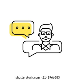 Young man wearing glasses and moustache working as a technical support agent. Pixel perfect, editable stroke minimal line icon