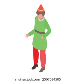 Young man wearing a green and red elf costume is gesturing while standing on a white background