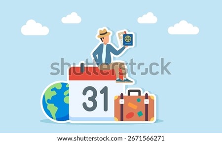 Young man wearing hat holding passport and flight ticket sitting on calendar near travel suitcase and globe illustration for World Tourism Day celebration