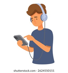 Young man wearing headphones is browsing on his smartphone