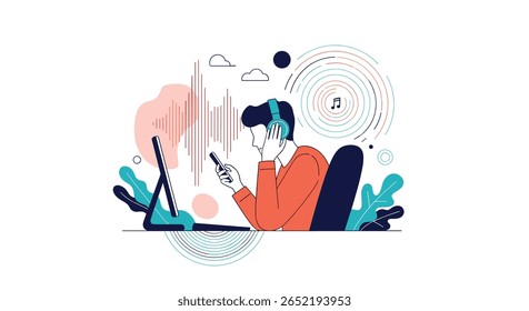 Young man wearing headphones and looking at his smartphone while sitting at a desk with a laptop and tablet in a creative workspace with abstract shapes and patterns around him