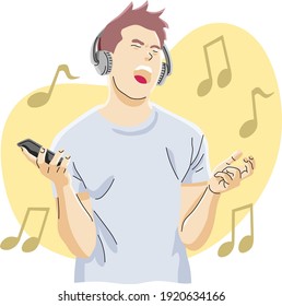 young man wearing headphones singing and screaming while listening to music from smart phone