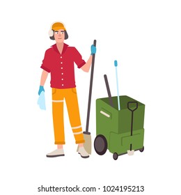 Young man wearing headphones and uniform standing beside mop bucket cart and holding broom. Male cleaning service worker or cleaner isolated on white background. Flat cartoon vector illustration.