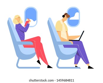 Young Man Wearing Headset Sitting in Comfortable Airplane Seat and Working on Laptop, Woman Reading Book, Passengers in Plane, Airline Transportation Service, Travel. Cartoon Flat Vector Illustration