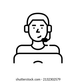 Young man wearing headset working as a call center agent. Pixel perfect, editable stroke icon