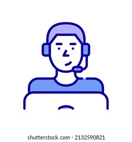 Young man wearing headset working as a call center agent. Pixel perfect, editable stroke color icon