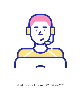 Young man wearing headset working as a call center agent. Pixel perfect, editable stroke fun color icon