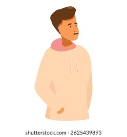 Young man wearing a hooded sweatshirt is looking up with a concerned expression on his face