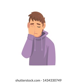 Young Man Wearing Hoodie Covering His Face with Hand, Guy Making Facepalm Gesture, Shame, Headache, Disappointment, Negative Emotion Vector Illustration