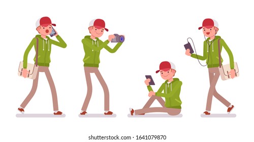 Young man wearing a hoodie holding gadgets. Cute guy in a casual hoody with smartphone, taking selfie, youth city fashion hooded sweatshirt. Vector flat style cartoon illustration