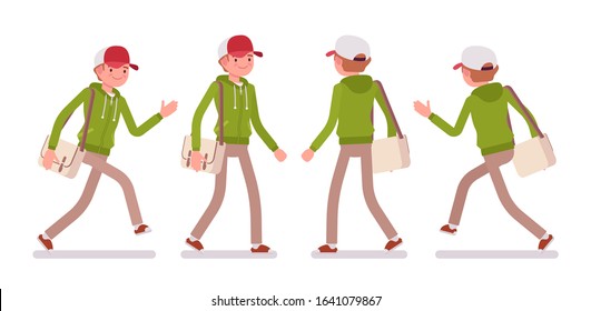 Young man wearing a hoodie jacket walking and running. Cute guy in a casual hoody, youth city fashion hooded sweatshirt. Vector flat style cartoon illustration, front and rear view