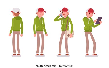 Young man wearing a hoodie jacket standing with smartphone, tablet. Cute guy in a casual hoody, youth city fashion hooded sweatshirt. Vector flat style cartoon illustration, front and rear view