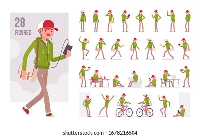 Young man wearing a hoodie jacket character set. Cute guy in green casual hoody with gadgets, bike, youth city casual fashion hooded sweatshirt. Full length, different view, gestures, emotions, poses