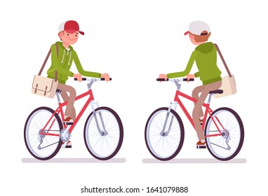 Young man wearing a hoodie riding a bike. Cute guy in a casual hoody cycling, traveling by bicycle, youth city fashion hooded sweatshirt. Vector flat style cartoon illustration, front and rear view