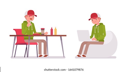 Young man wearing a hoodie sitting and working. Cute guy in a casual hoody having lunch, resting in a beanbag, youth city fashion hooded sweatshirt. Vector flat style cartoon illustration