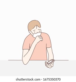Young man wearing hygienic mask feeling bad with news in phone.Hand drawn style vector design illustrations.
