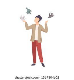 Young Man Wearing Jacket Feeding Pigeons From His Hand Vector Illustration