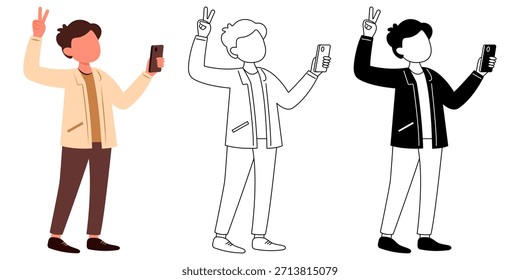 Jovem vestindo jaqueta tirando selfie com smartphone ilustração vetor isolado