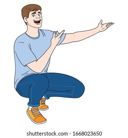 Young man wearing jeans and a blue t-shirt sits in a crouch, holding both hands in the air and pointing to the side. isolated, character.