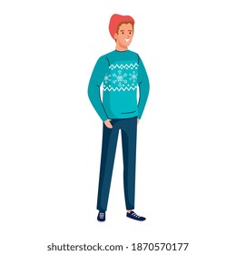 young man wearing light blue coat character vector illustration design
