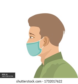 Der junge Mann, der eine Maske trägt, um das Design der Corona-Virus-Vektorgrafik zu vermeiden. Das Element von Leben und Gesundheit.