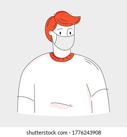 Young Man Wearing Mask. Boy Protecting Himself From Corona Virus. Linear Vector Illustration.