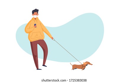 Young Man Wearing Mask Look At Phone While Taking Dog Walk Outside. Flat Style Illustration Of Dog Owner Walking With Dog To Exercise, Chill Out, Relax During COVID-19 Epidemic. Cartoon Character.