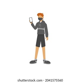 a young man wearing a mask showing a smartphone screen