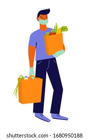 Young man wearing a medical mask and medical gloves to prevent the spread of the corona virus. Person going from the supermarket and holding grocery products in a bag.