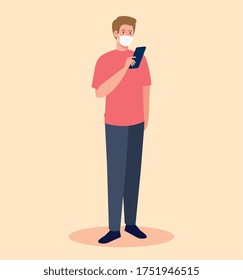 young man wearing medical mask against covid 19 using smartphone, social media coronavirus concept vector illustration design