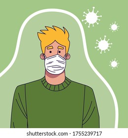 young man wearing medical mask character vector illustration design