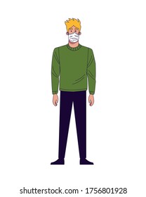 young man wearing medical mask character vector illustration design