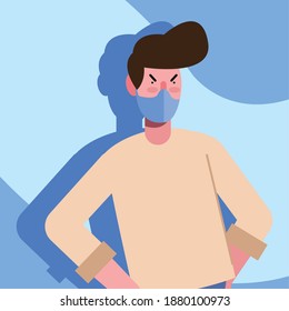 young man wearing medical mask protection in blue background vector illustration design