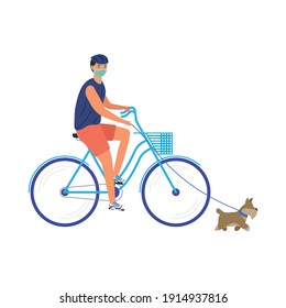 young man wearing medical mask in bicycle with dog vector illustration design