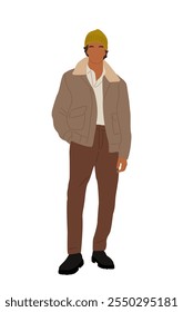 Hombre joven que lleva el otoño moderno, ropa caliente del invierno, equipo del estilo de la calle que se coloca. Personaje masculino de dibujos animados aislado sobre fondo blanco.