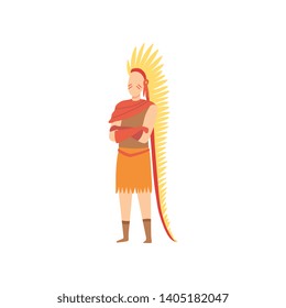 Young Man Wearing Native Indian Costume and Headdress, Masquerade Ball, Carnival Party Design Element Vector Illustration