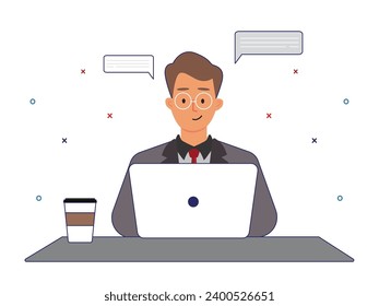 Young man wearing a neat suit and glasses is working on a laptop in the office. Character design. Vector flat illustration