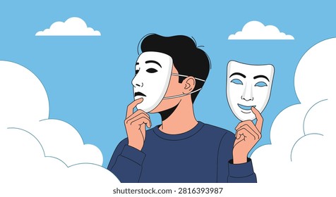 Young man wearing a neutral mask and holding a smiling happy mask in his hand against a blue sky background, vector illustration.